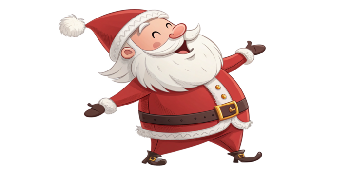 A joyful, cartoon illustration of Santa Claus standing confidently on a png white background, he wears his classic red suit with plush white fur trim around collar, cuffs, and pant legs.