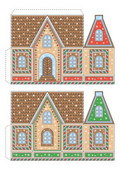 Christmas gingerbread house. Cut and glue, paper game for kids. Papercraft, preschool worksheet activity. Vector illustration for Christmas decor. 