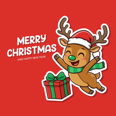 Cute Christmas Reindeer with Gift Box Happy Jump
