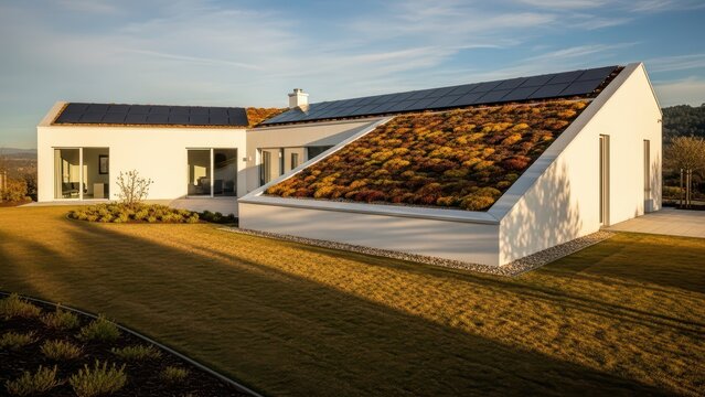 Modern sustainable home with solar panels and green roof design