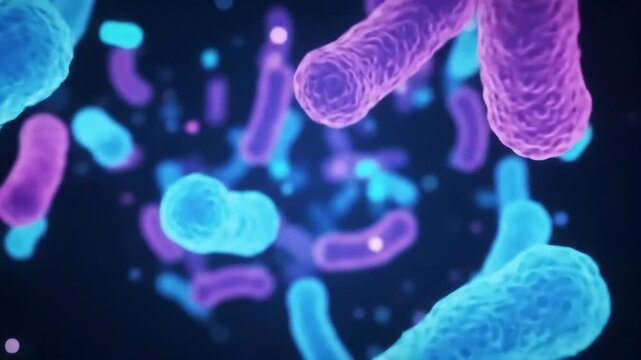 Dynamic microscopic world of colorful bacteria and microorganisms, illustrating vital biological processes and cellular activity in a scientific concept