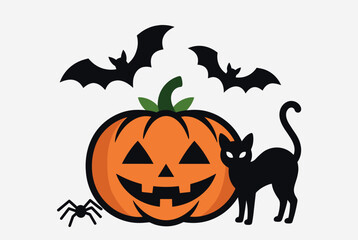 Fototapeta premium Vector Halloween illustration featuring a carved pumpkin, black cat, bats, and spider, perfect for spooky seasonal decorations and designs. 