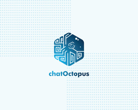 Sleek geometric octopus logo with modern tech grid background. Ideal for IT branding, AI companies, startups, apps and digital platforms.
