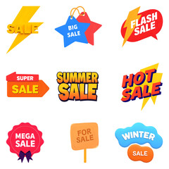 Set of shopping and SALE word elements, sale, super sale, big sale, winter sale, mega sale, flash sale, for sale. 3d, isolated on white background. 