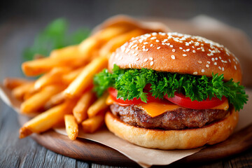 Juicy cheeseburger with fresh vegetables and crispy fries on rustic wrapping Generative AI
