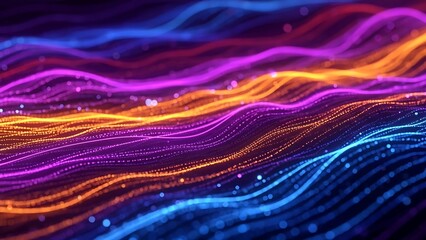 Artistic 3D particle wave flowing across a dark void in shifting bright gradient hues.