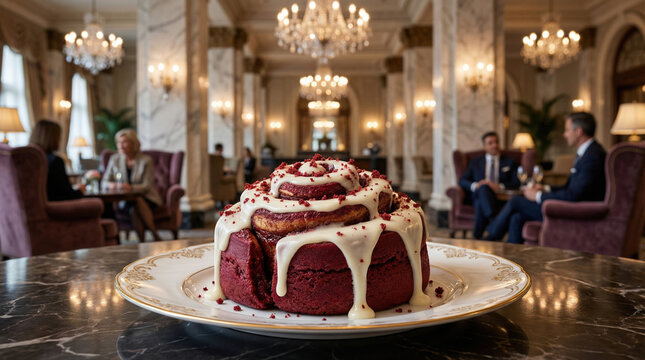 Rollo de canela red velvet con glaseado servido en sal&oacute;n elegante