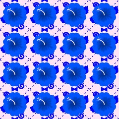 Blue hibiscus flowers seamless pattern on soft pink background for cute textile, wallpaper, and decorative design