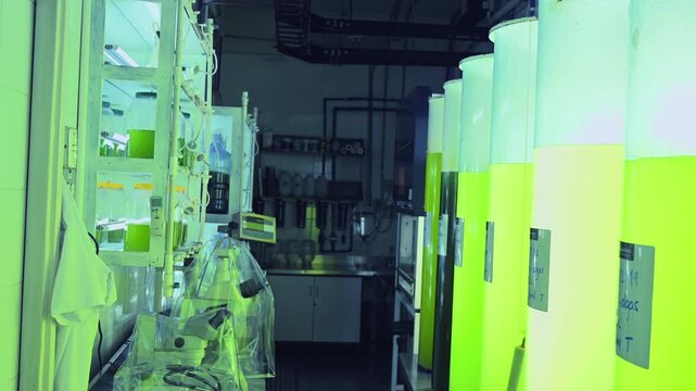 Scientific Laboratory with Glass Jars Containing Green Microalgae Under Study