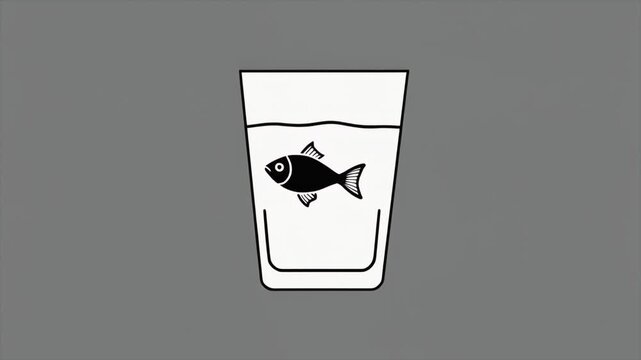 A simple graphic illustration of a black fish swimming in a clear glass of water against a plain grey background.