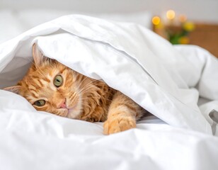 Ginger cat comfortably nestled beneath the soft, white duvet in cozy bedroom