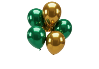 Seven perfectly inflated, spherical metallic balloons (emerald green, gold) tied with curly silver ribbons, isolated on a transparent background with copy space. Celebratory advertising concept