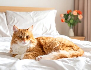 Ginger cat lying comfortably on a white bed with flowers in the background
