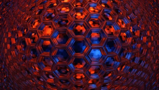 Hexagon Grid Abstract fiery techno sphere with futuristic honeycomb, and dark background.