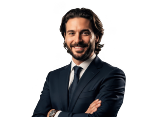 Smiling businessman with dark hair and beard wearing a suit and tie isolated on transparent background