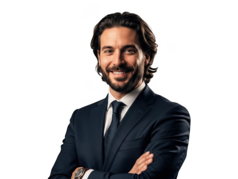 Smiling businessman with dark hair and beard wearing a suit and tie isolated on transparent background