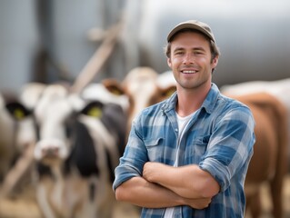 Professional farmer smiling outdoors with cattle in rural countryside, showcasing farm life, livestock management, and outdoor agricultural work
