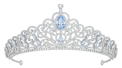 Silver tiara with blue gemstone isolated on transparent background