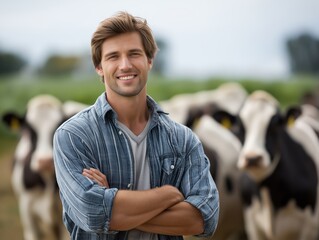 Professional rural farmer standing confidently in lush green pasture with healthy cattle, showcasing countryside farming, livestock care, and outdoor agricultural environment