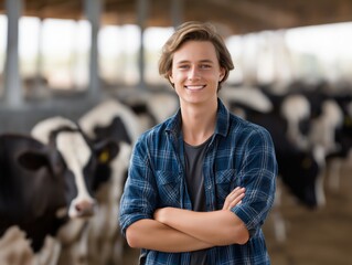 Professional rural farm scene featuring smiling farmer with cattle and dairy cows in barn, showcasing livestock care, farm life, and agricultural industry in scenic countryside