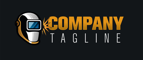 Modern Welding Helmet Logo Template with Metallic Gold Finish and Sparks