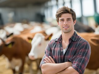 Professional young farmer smiling outdoors with healthy cattle herd in lush pasture, showcasing modern livestock management and rural farm life