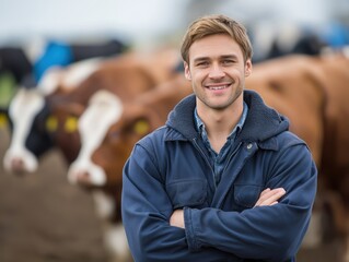Professional farmer in rural countryside with healthy livestock, modern farm equipment, and scenic outdoor environment showcasing sustainable agriculture and farm management