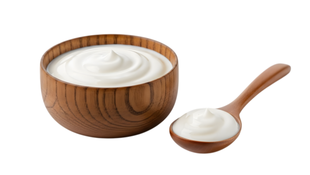 Yogurt in wooden bowl and spoon isolated on transparent background