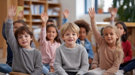 Engaged children participating in classroom learning activity with diverse students, attentive teacher, vibrant environment, and focus on early childhood development