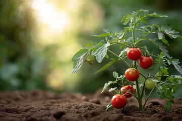 Healthy tomato plant thriving in outdoor garden with ripe, fresh tomatoes, lush green leaves, and vibrant natural growth for sustainable food production
