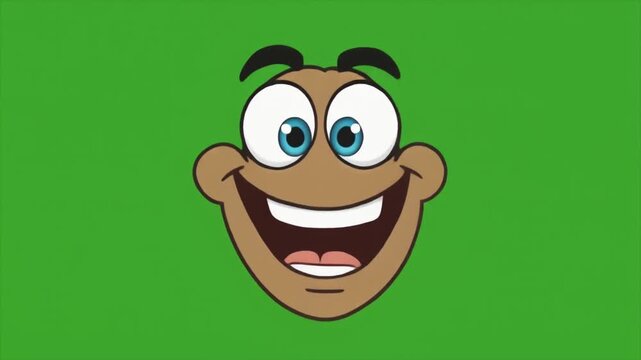 A cartoon face with big blue eyes and a wide happy smile on a green background.