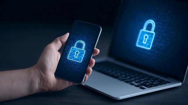 A smartphone and laptop display security symbols, highlighting the importance of digital protection and online safety.
