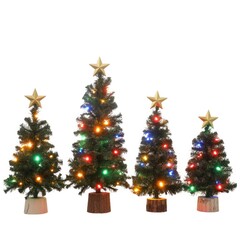 Four festive miniature Christmas trees adorned with colorful lights and golden stars on white background