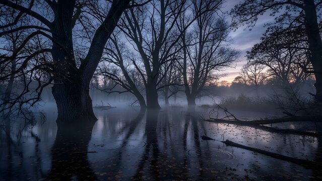 Misty dawn landscape with bare trees reflected in calm water