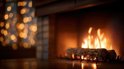 Elegant fireplace scene with glowing logs and flickering flames creating warm cozy ambiance in a stylish rustic living room interior for home comfort
