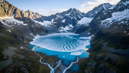 Aerial view of a glacier lake with floating icebergs surrounded by snow-capped mountains and a serene landscape.