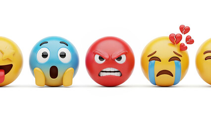 Obraz premium Expressive emoji faces conveying different moods, ideal for emotional communication and social media, showing anger, shock, sadness, happiness, fun