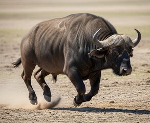 Obraz premium Buffalo running dynamically, dust effect minimal, isolated background