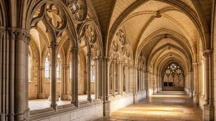 Gothic architectural masterpiece: ornate arched cloister with sunlit hallway