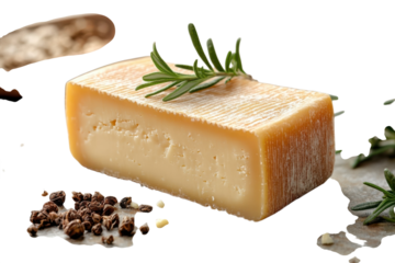 Artisan cheese close up with rosemary and peppercorns on black gourmet food photography cheese board