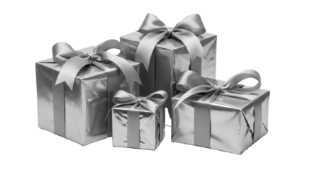Three elegant silver gift boxes, small, medium, large, with reflective paper and luxurious satin bows on a transparent studio background with copy space, soft lighting, sophisticated luxury