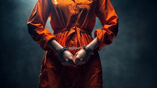 Unrecognizable woman wearing an orange jumpsuit and handcuffs stands with hands clasped together in a dimly lit space