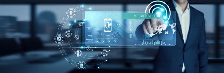 Security analyst touching start button on modern interface to business target Mobile Security. Protecting devices. Encryption, app security, threat detection, secure access, data privacy.