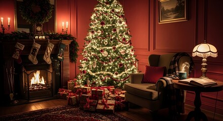 A cozy christmas scene with a decorated tree fireplace and gifts in a warm inviting living room