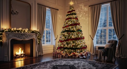 Fototapeta premium Christmas tree in a living room with fireplace and presents creating a cozy holiday atmosphere