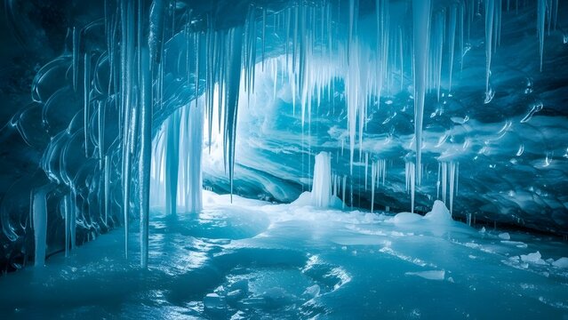 Ice cave with icicles and frozen formations in a dark blue color scheme