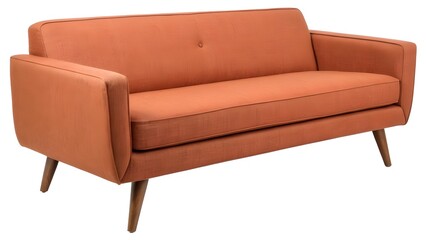 Mid-century modern sofa in muted orange fabric, tapered wooden legs, isolated, clean product presentation