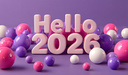 Vibrant purple background with Hello 2026 text surrounded by pink and white balls, playful festive new year celebration concept