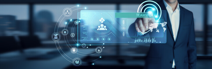 Team leader touching start button on modern interface to business target Teamwork. Collaborating effectively. Communication, coordination, shared goals, problem-solving, task allocation, productivity.