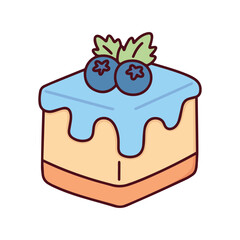 A square slice of cheesecake or sponge cake topped with blue glaze and fresh blueberries. A rich and creamy bakery dessert treat.